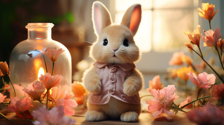 Cute little bunny on table in room decorated with flowers.の素材