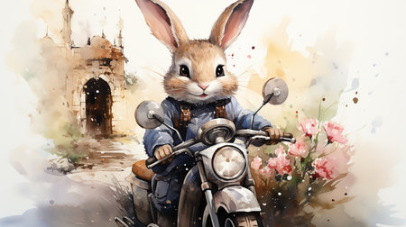 Rabbit riding a motorbike on the street. Digital watercolor paintingの素材