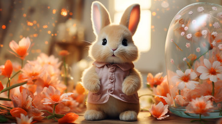Cute little bunny on table in room decorated with flowers. Happy Easterの素材
