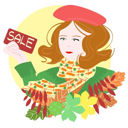 Here is a girl with ginger, short hair and a red beret. In her hand she holds a discount card that says "sale". The picture contains the attributes of autumn. Used vector, cartoon style.のイラスト素材