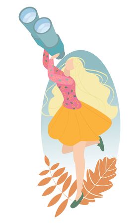 Attractive woman (blonde) looking through binoculars. She's looking for something or watching something. Used autumn colors. The picture is made in a modern cartoon style.のイラスト素材