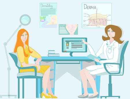 Vector cartoon illustration of a doctor dermatologist who advises patient in her office.のイラスト素材