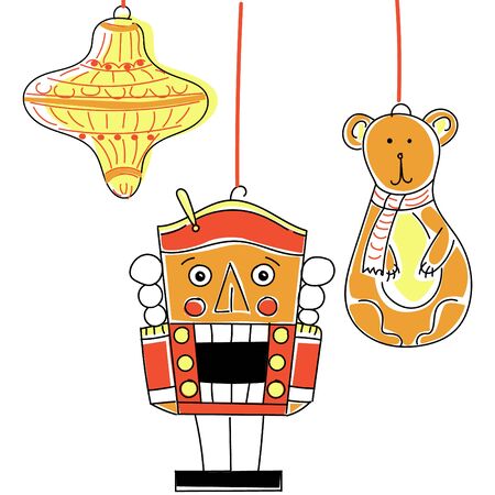 Illustration of isolated Christmas toys, among which the bear, lark, Nutcracker.のイラスト素材