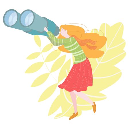 Vector flat illustration of a girl looking through binoculars. Concept of information search.のイラスト素材