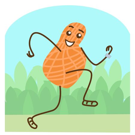 Vector flat illustration of a peanut running on the road. The context of a healthy diet and...