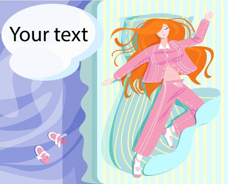 Vector cartoon modern illustration of a tired girl sleeping in bed. Next to it is a speech bubble for any text. Can be used in work with the appropriate context.のイラスト素材