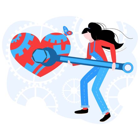 Vector flat modern illustration of a woman who repairs an abstract heart. The concept of falling in love, a broken heart, working on relationship in couple.のイラスト素材