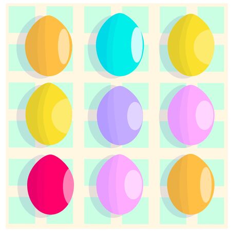 Vector illustration of a set colorful three-dimensional Easter eggs on the background of a tablecloth in cage.のイラスト素材