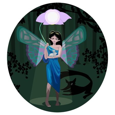 Vector fantastic illustration of an elf who protects a rabbit from a fox.のイラスト素材