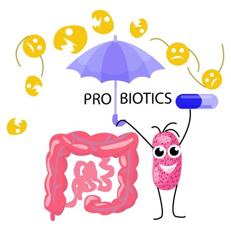 Vector illustration of cartoon probiotic bacteria protecting intestines with an umbrella from harmful bacteria.のイラスト素材