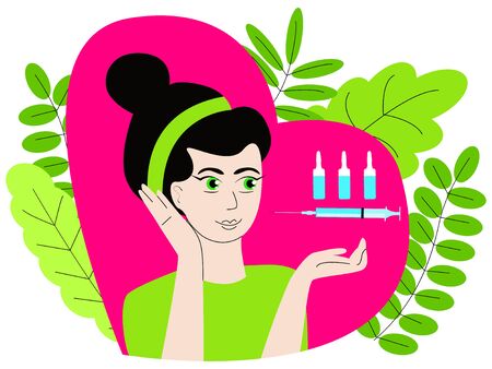 Vector isolated illustration where syringes with ampoules are depicted above hand of an attractive womanのイラスト素材
