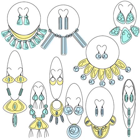 Vector illustration using lines and offset color. Depicted sets of jewelry, which include earrings and necklaces with stones, metal and leather. The style of the items is more Bohemian, some ethnic.のイラスト素材
