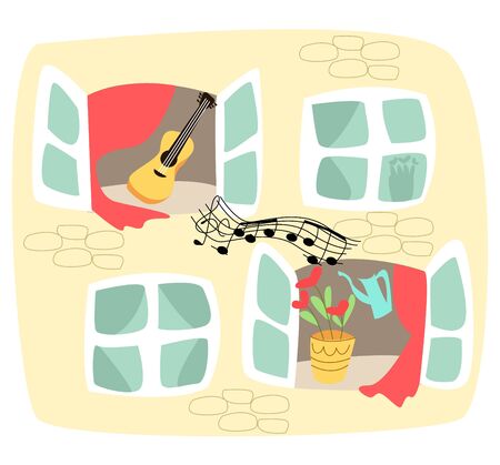 Vector illustration showing part of wall of house, where in one window is lively guitar playingのイラスト素材