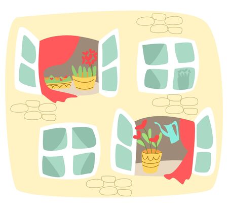 Vector illustration showing part of wall house, where two open windows are flowers with hearts and lively watering canのイラスト素材