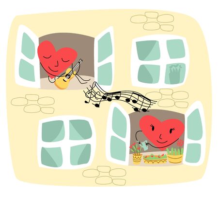 Vector illustration showing part of wall of house where in one window is lively heart that plays guitarのイラスト素材