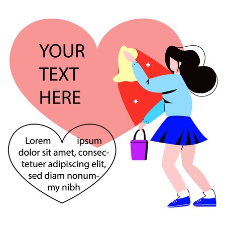 Vector flat illustration-metaphor with woman who cleans heart of dust. There is space for text. Concept of love, work on relationship in couple, improvement, renewal of feelings, family psychotherapy.のイラスト素材