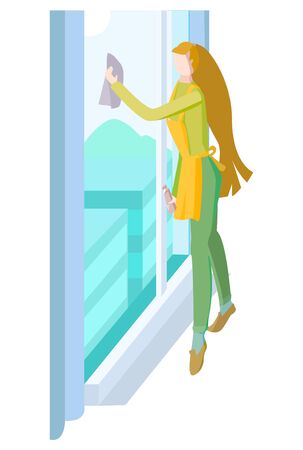 Vector color illustration with woman wiping large window. Can be used in web design, business cards, various printing products with concept of cleaning services.のイラスト素材