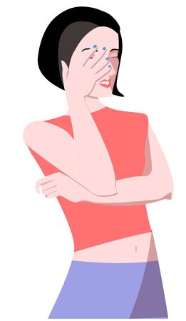 Vector cartoon illustration with cute, character woman holding her hand to face.のイラスト素材