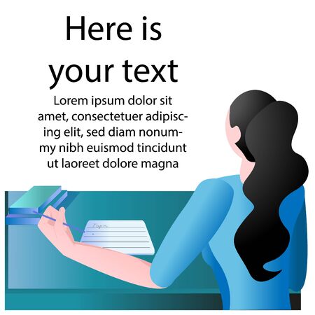Vector illustration with girl who writes something on piece of paper, in front of her there is empty space for text.のイラスト素材