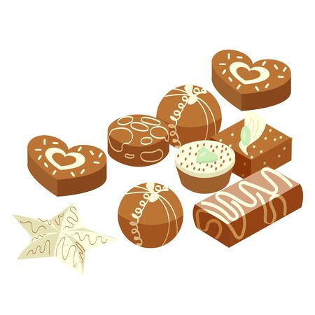 Vector with set of chocolate, isolated, festive candies in isometry, different shapes.のイラスト素材