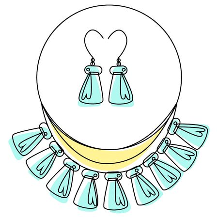 Vector illustration with abstract jewelry set of necklaces and earrings in vintage or ethnic style. Lines and color are used.のイラスト素材