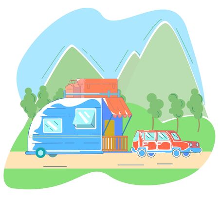 Vector flat illustration with van for traveling rides on road, in background are houses of mountains. Concept living in trailer. Cards, invitations, posters, web design, printing products can be usedのイラスト素材