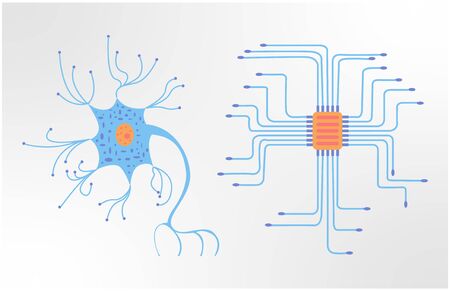 Vector flat illustration showing ordinary human neuron on one side and chip on the other side.のイラスト素材