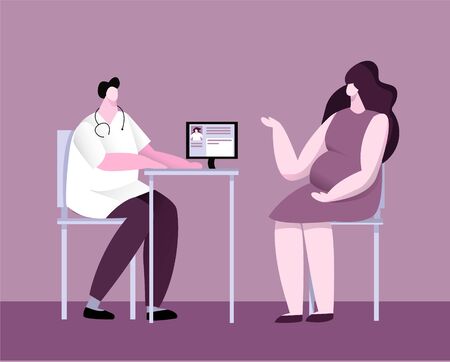Vector flat illustration with pregnant woman who is at reception obstetrician gynecologistのイラスト素材