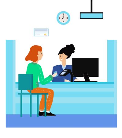Vector flat illustration of female Bank employee at work and client on white background.のイラスト素材