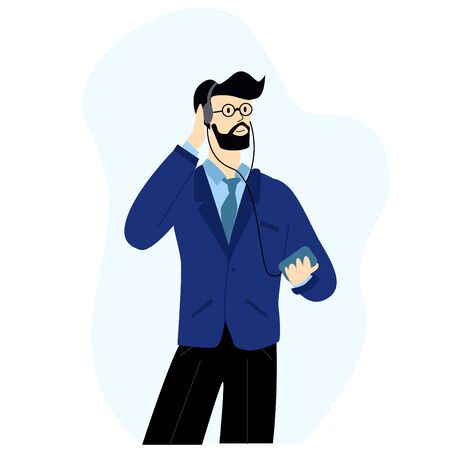 Vector flat illustration with businessman in suit and headphones.のイラスト素材