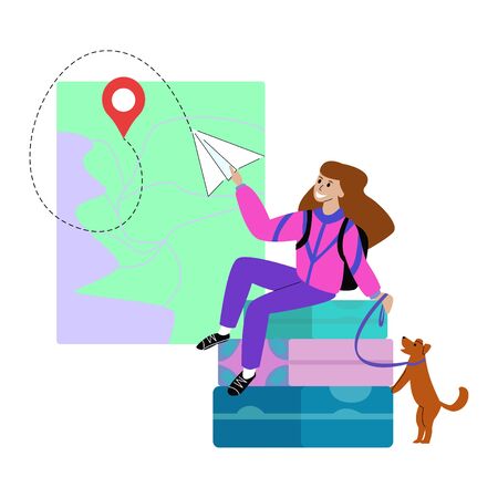Vector flat illustration woman on Luggage suitcases, who throws paper plane in the direction of mark on map.のイラスト素材
