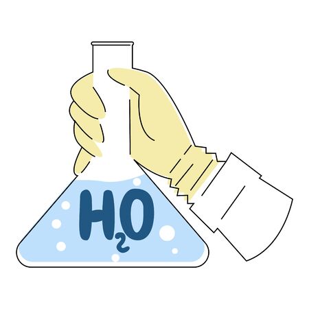 Vector flat illustration with hand holding flask of water to analyze its composition.のイラスト素材