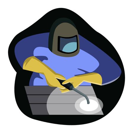 Vector isolated illustration with the process of welding metal high carbon products by worker in special protective suit.のイラスト素材