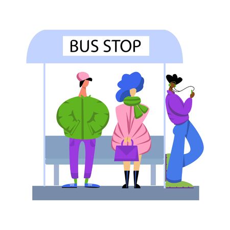 Vector illustration with people of different skin color who are waiting for transport at the bus stop in cold season.のイラスト素材