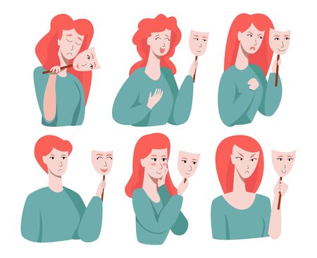 Vector with various human emotions that person hides under a social mask cry, smiling, women, happy, laugh, anger.のイラスト素材