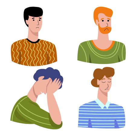 Vector illustration with set negative emotions in men sadness, longing, suffering, shame, disappointment, guiltのイラスト素材