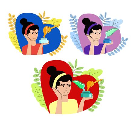 Set cosmetic products, creams with aloe, honey and mixture of them.のイラスト素材