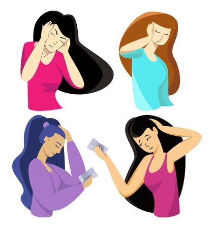 Vector illustration with set of women who have headacheのイラスト素材