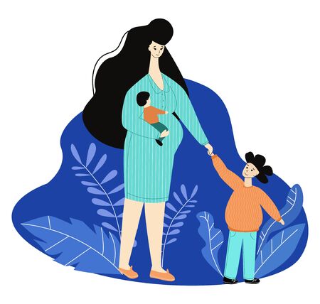 Vector complex flat illustration of pregnant woman and her young children.のイラスト素材
