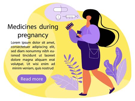 Vector flat illustration with pregnant woman holding medicines, talking into speech bubble about them.のイラスト素材