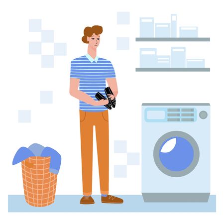 Vector flat illustration with man who is washing things and shoes, sneakers.のイラスト素材