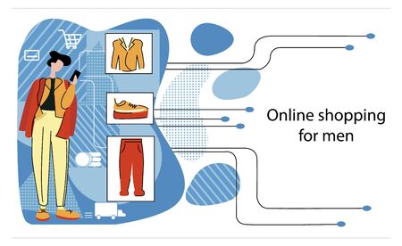 Vector illustration with modern fashionable man who buys clothes online on abstract background.のイラスト素材