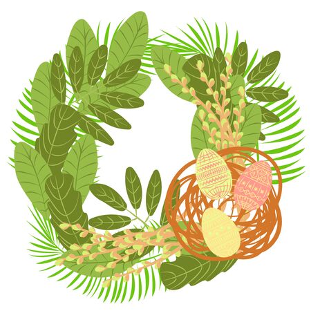 Vector flat illustration with image of wreath Easter symbols, willow, eggs, palm leaf. Concept of religious celebration Easter. Can be used in postcards, web design, textile, printing products.のイラスト素材