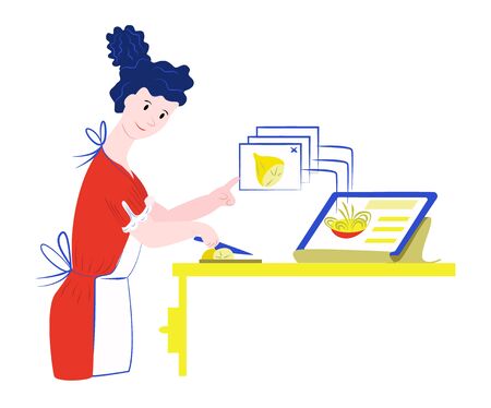 Vector flat illustration with young, happy woman in apron who s cooking in kitchen. Recipe s viewed from mobile device online through Internet. Site interface is shown abstractly, enlarged.のイラスト素材