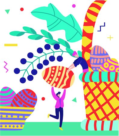 Vector illustration with larger Easter egg, Verba branch. Eggs from plate are transferred to basket by little people. Concept of celebration Easter, Catholic, Orthodox. Postcards, web design, etc usedのイラスト素材