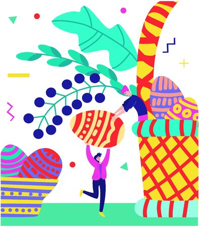 Vector illustration with larger Easter egg, Verba branch. Eggs from plate are transferred to basket by little people. Concept of celebration Easter, Catholic, Orthodox. Postcards, web design, etc usedのイラスト素材