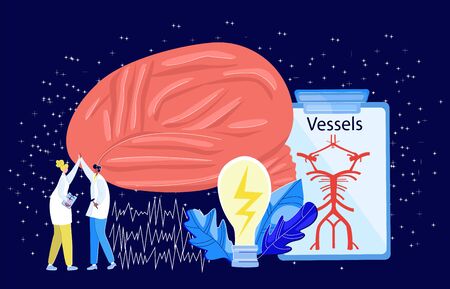 Vector illustration with abstract image brain, blood vessels, two doctors giving five, ideas in form of lit lamp. Doctors are neurologist and cardiologist. Concept of interdisciplinary medicine.のイラスト素材