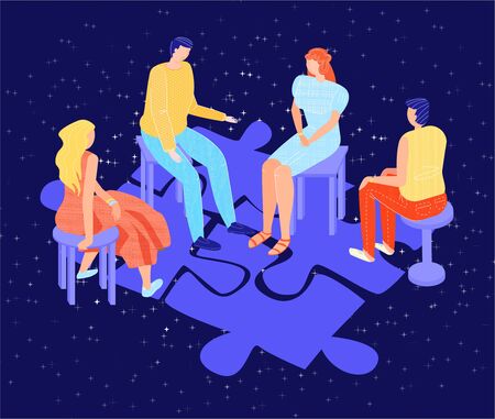 Vector flat illustration with group psychological therapy on background of abstract puzzle as symbol of problem being solved. Concept psychological, psychiatric care, mental health, communication.のイラスト素材