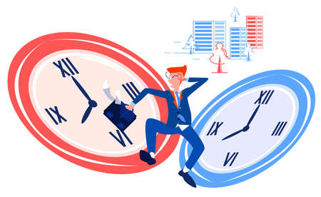 Flat abstract illustration running man in business work suit with briefcase, who is in hurry to work.のイラスト素材