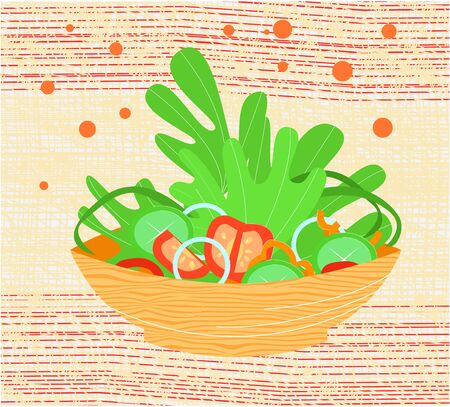 Vector flat isolated illustration salad dish vegetables, tomato, cucumber, cabbage, onion, bell pepper. Plate stands on tablecloth with texture. Concept healthy organic food, vegetarianism, raw food.のイラスト素材